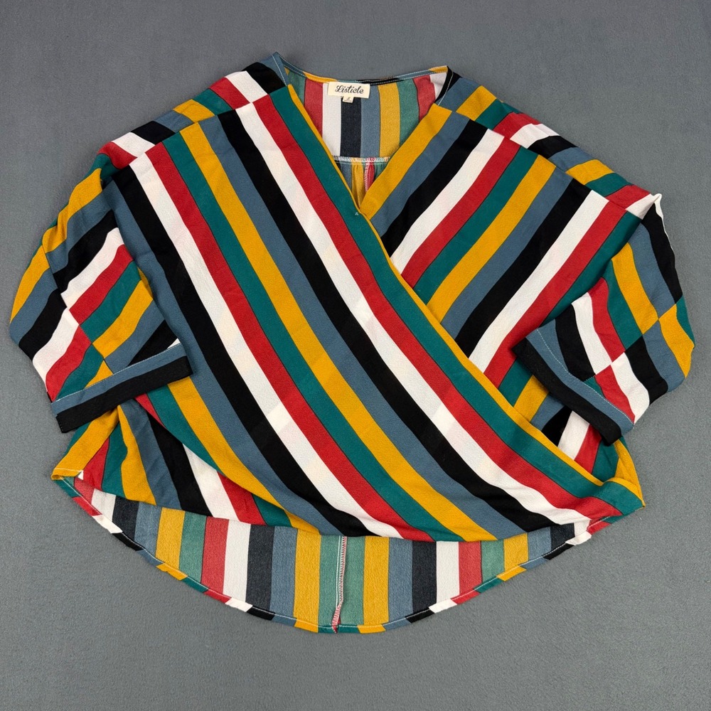 Listicle Multi Color Striped Surplice Wrap Blouse High Low Top Small